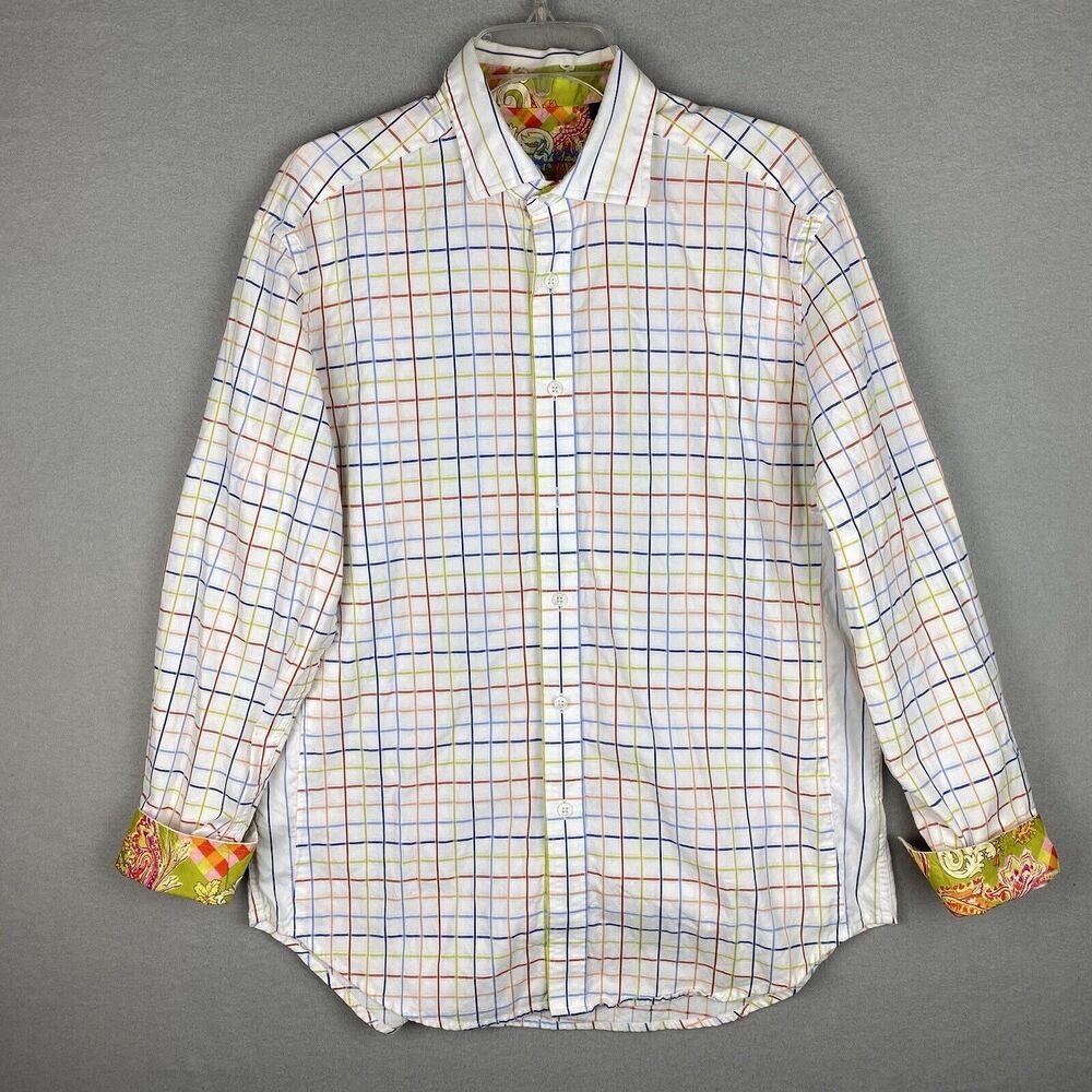 Robert Graham Shirt Mens Large Plaid Flip Cuff Multicolor White Casual Work